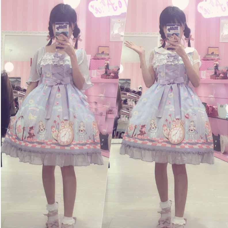 Cute Lolita Alice Wonderland Printed Doll Collar Sleeveless Bow Dress SD01840