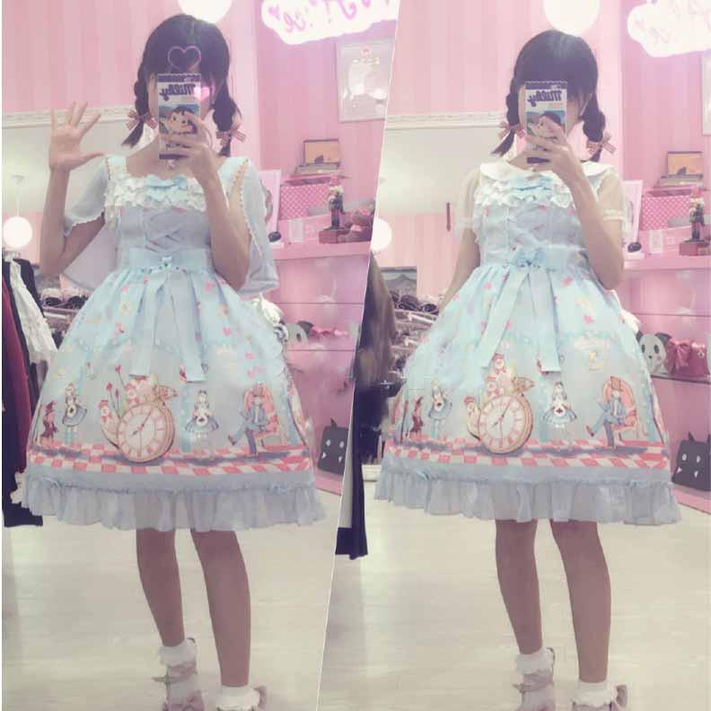Cute Lolita Alice Wonderland Printed Doll Collar Sleeveless Bow Dress SD01840