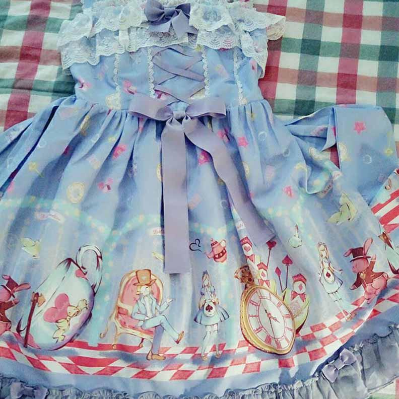 Cute Lolita Alice Wonderland Printed Doll Collar Sleeveless Bow Dress SD01840