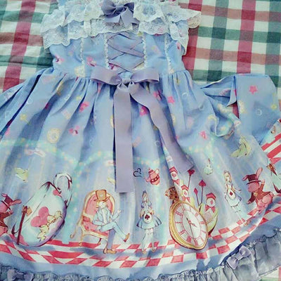 Cute Lolita Alice Wonderland Printed Doll Collar Sleeveless Bow Dress SD01840