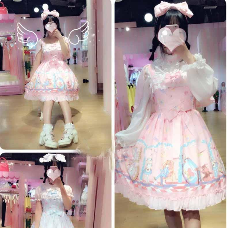 Cute Lolita Alice Wonderland Printed Doll Collar Sleeveless Bow Dress SD01840