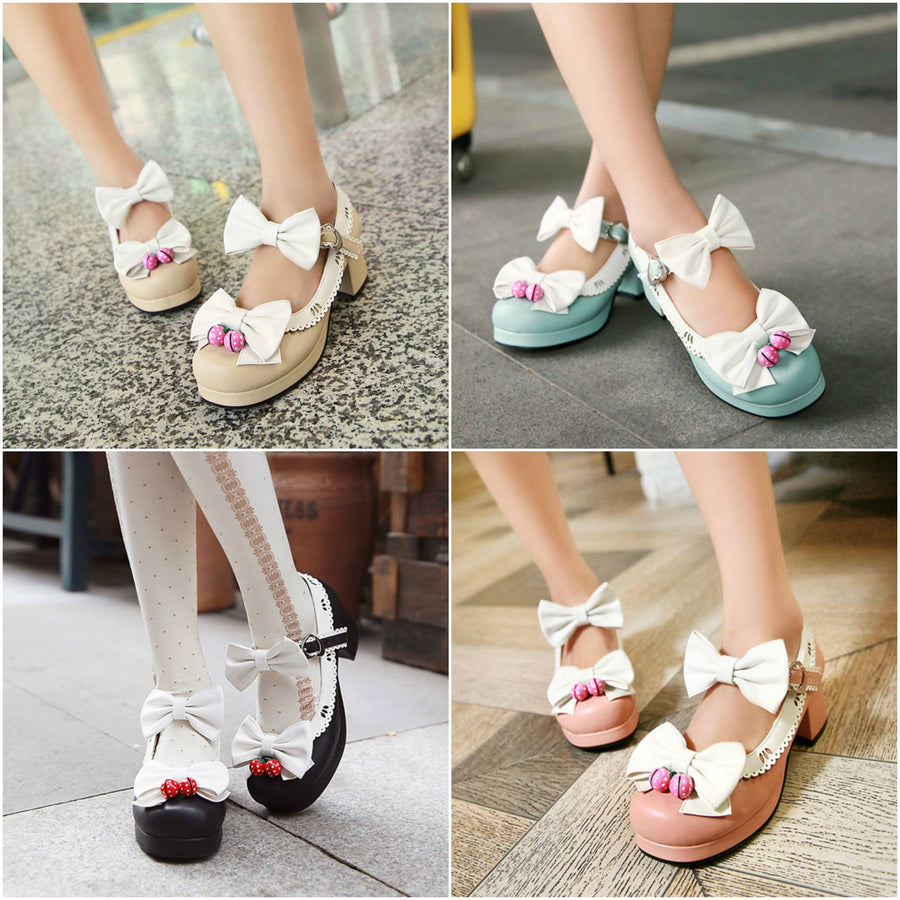 Japanese Lolita Strawberry Bells Bow Strap High-Heeled Shoes SD00798