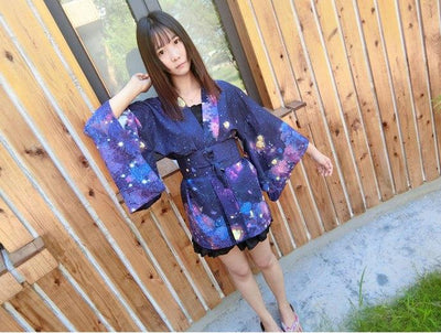 Sky Flower Darkblue Kimono Bathrobe Haori SD01038