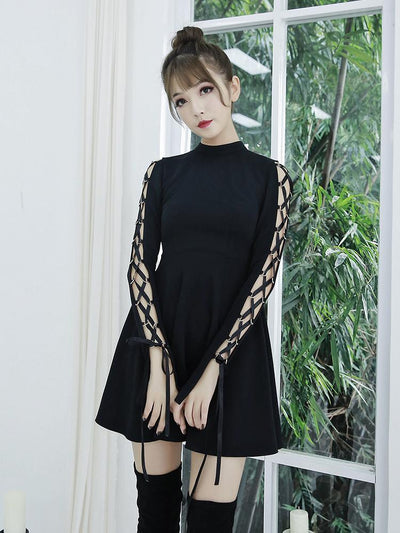 Black Ribbon Sleeve Pentagram Dress SD00345