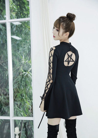 Black Ribbon Sleeve Pentagram Dress SD00345