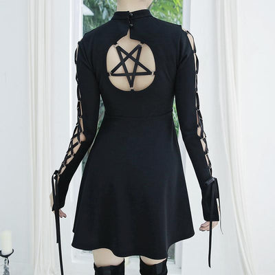 Black Ribbon Sleeve Pentagram Dress SD00345