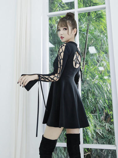 Black Ribbon Sleeve Pentagram Dress SD00345