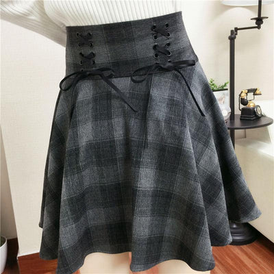 Dark Grey High Waist Plaid Cross Skirt SD00255