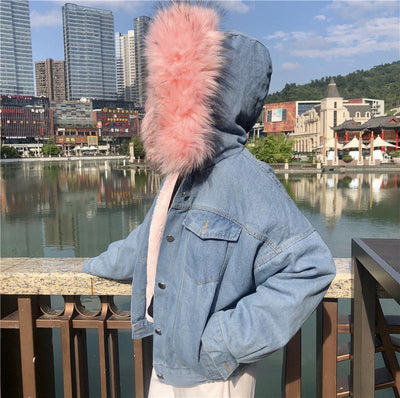 Fluffy Candy Fur Hoodie Denim Jacket SD00409