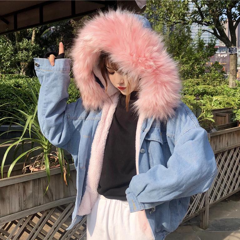 Fluffy Candy Fur Hoodie Denim Jacket SD00409