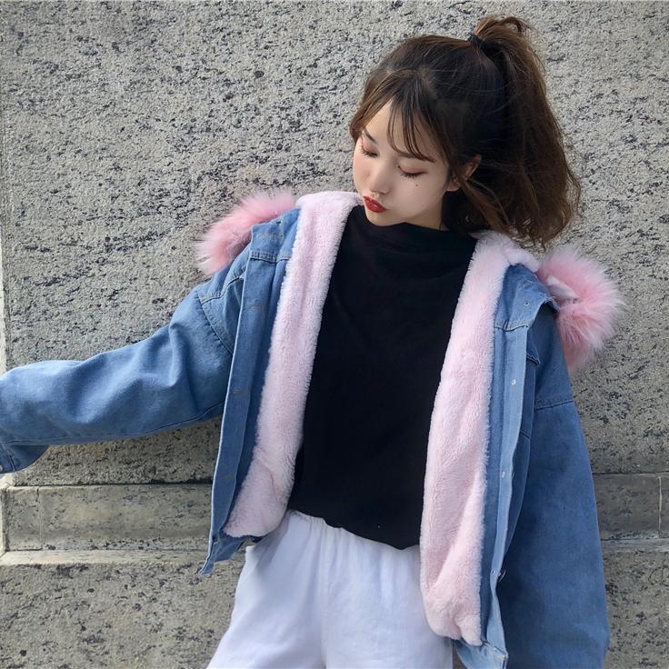 Fluffy Candy Fur Hoodie Denim Jacket SD00409