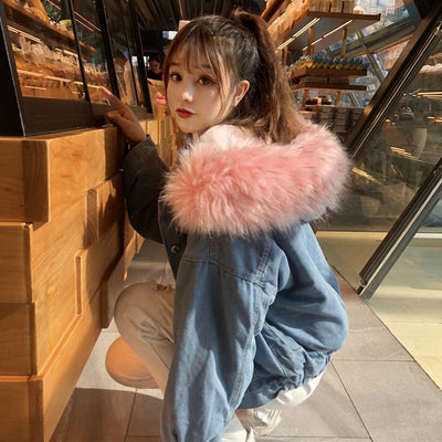 Fluffy Candy Fur Hoodie Denim Jacket SD00409