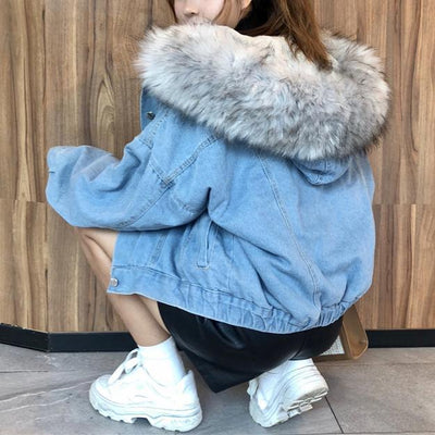 Fluffy Candy Fur Hoodie Denim Jacket SD00409