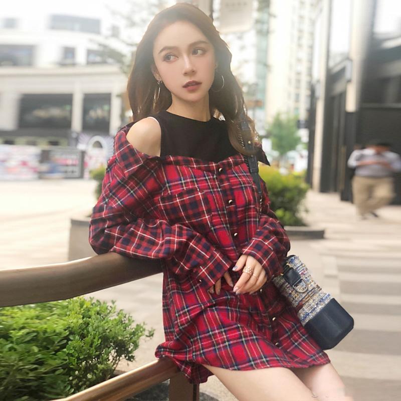 Red Plaid Loose Sleeve Shoulder-less Shirt SD00380
