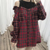 Red Plaid Loose Sleeve Shoulder-less Shirt SD00380