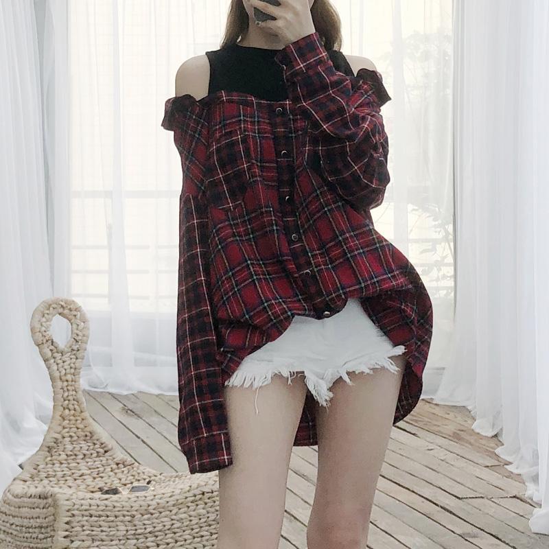Red Plaid Loose Sleeve Shoulder-less Shirt SD00380
