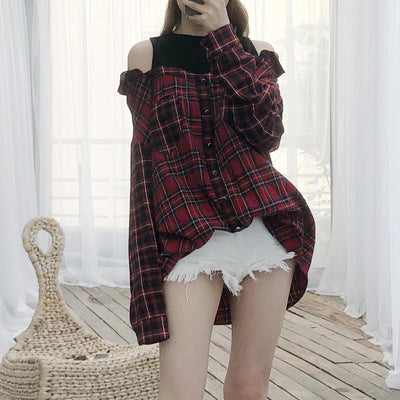 Red Plaid Loose Sleeve Shoulder-less Shirt SD00380