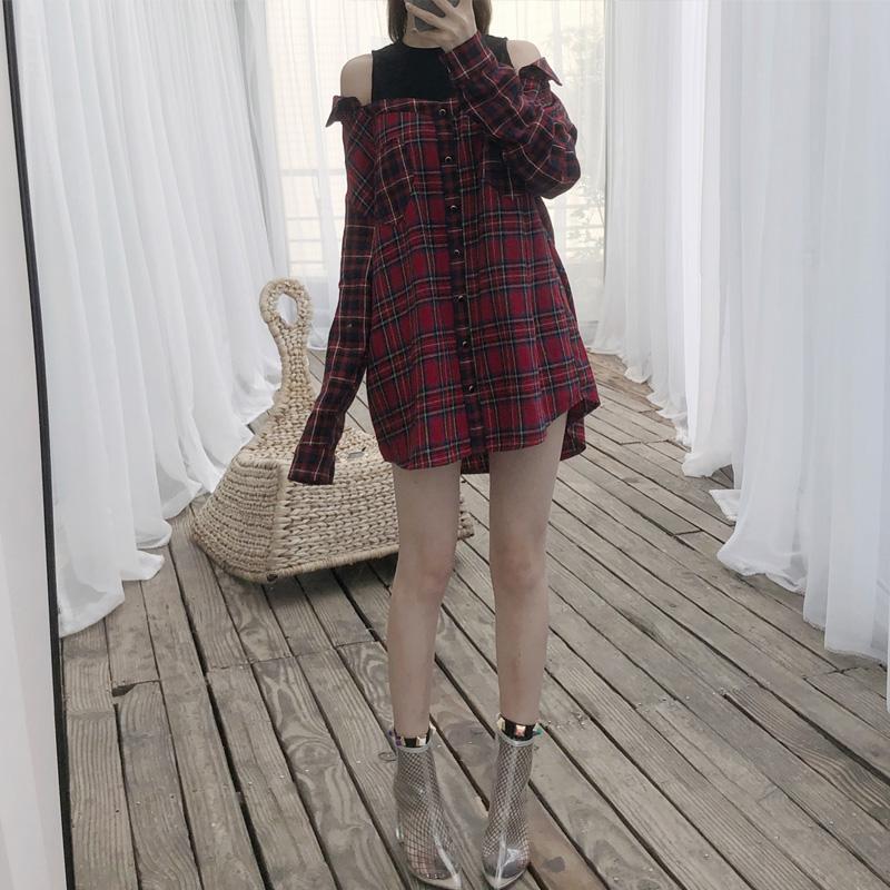 Red Plaid Loose Sleeve Shoulder-less Shirt SD00380