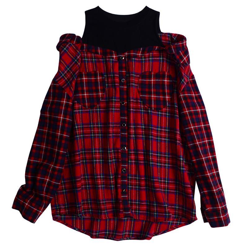 Red Plaid Loose Sleeve Shoulder-less Shirt SD00380