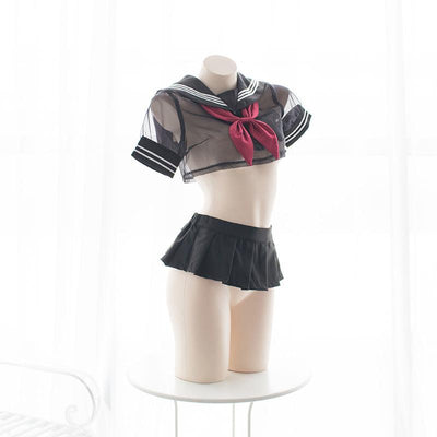 Sexy Transparent Sheer Black Sailor Short School Uniform Lingerie SD00499