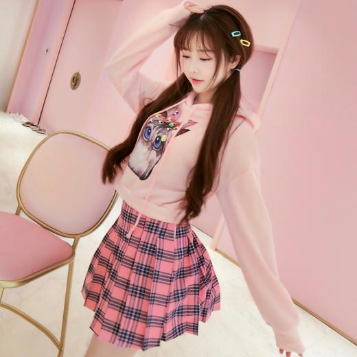 Pink Kitty Hoodie Sweater Plaid Skirt Set SD00421
