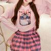 Pink Kitty Hoodie Sweater Plaid Skirt Set SD00421