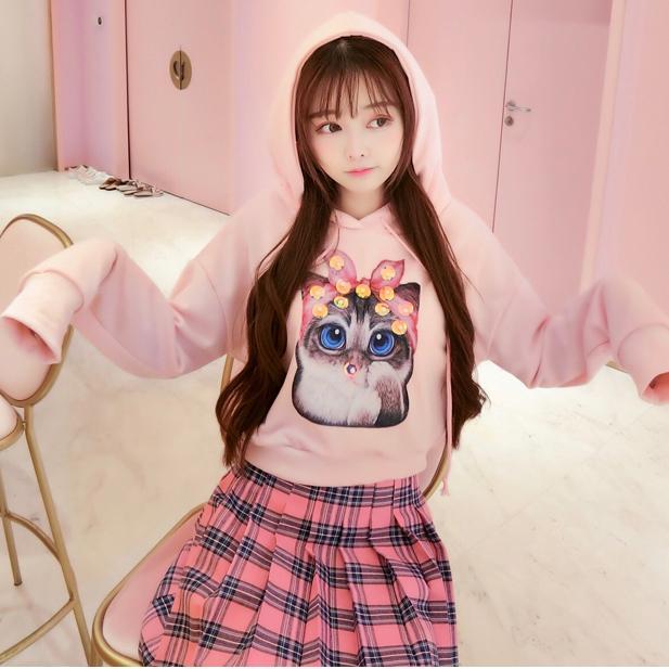 Pink Kitty Hoodie Sweater Plaid Skirt Set SD00421