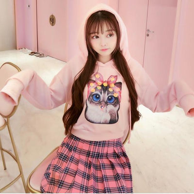 Pink Kitty Hoodie Sweater Plaid Skirt Set SD00421