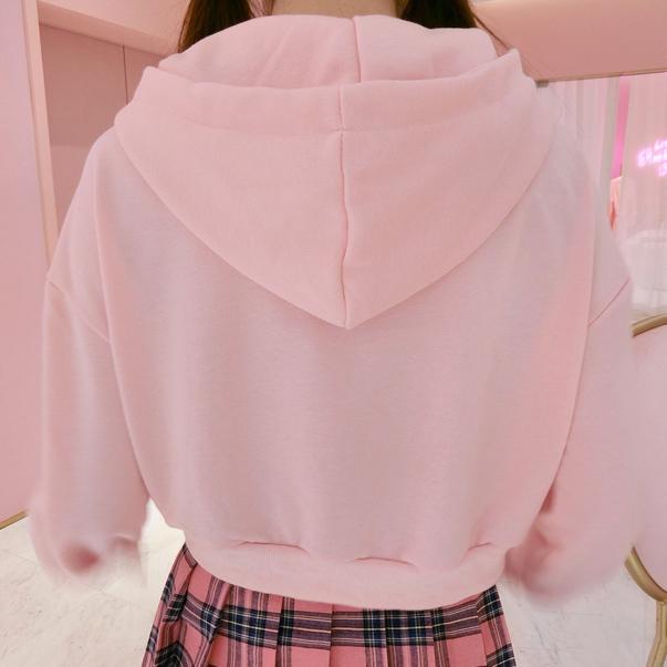 Pink Kitty Hoodie Sweater Plaid Skirt Set SD00421