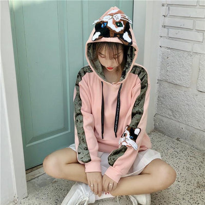 Pink Embroidered Cat Hoodie Sweater SD00322