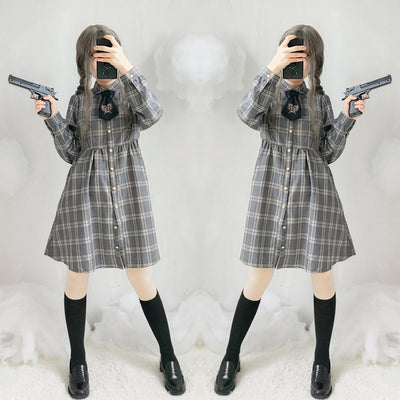 Plaid Grey Long Sleeve Dress SD00521