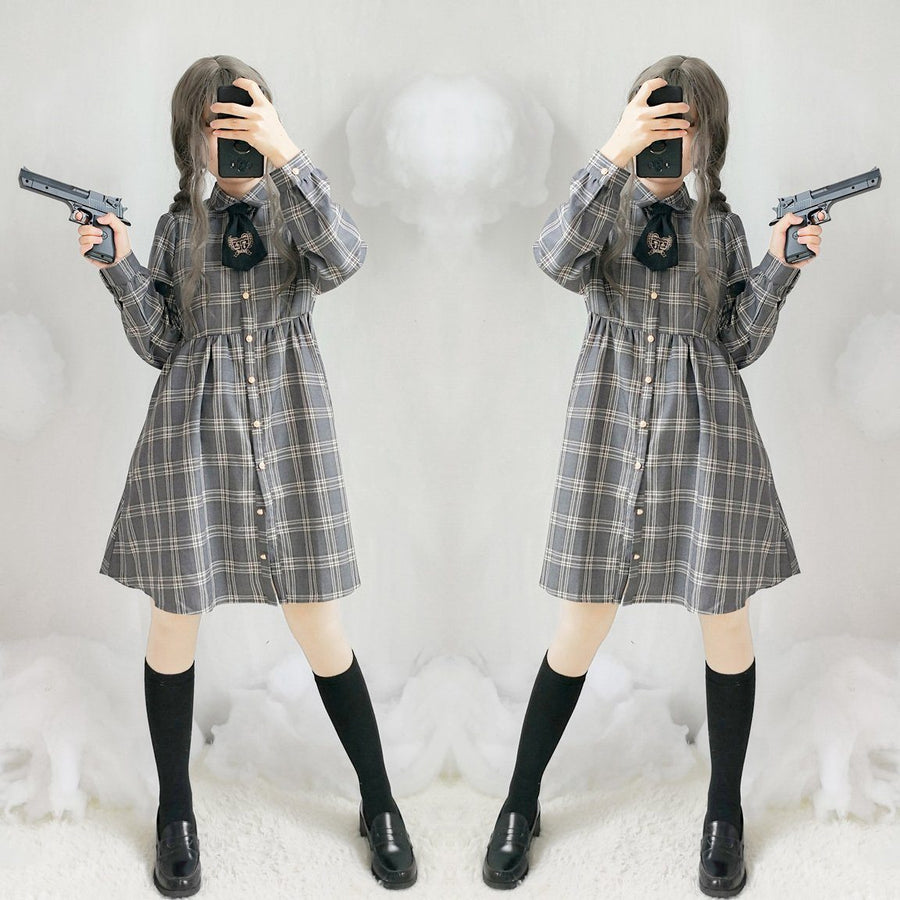 Plaid Grey Long Sleeve Dress SD00521