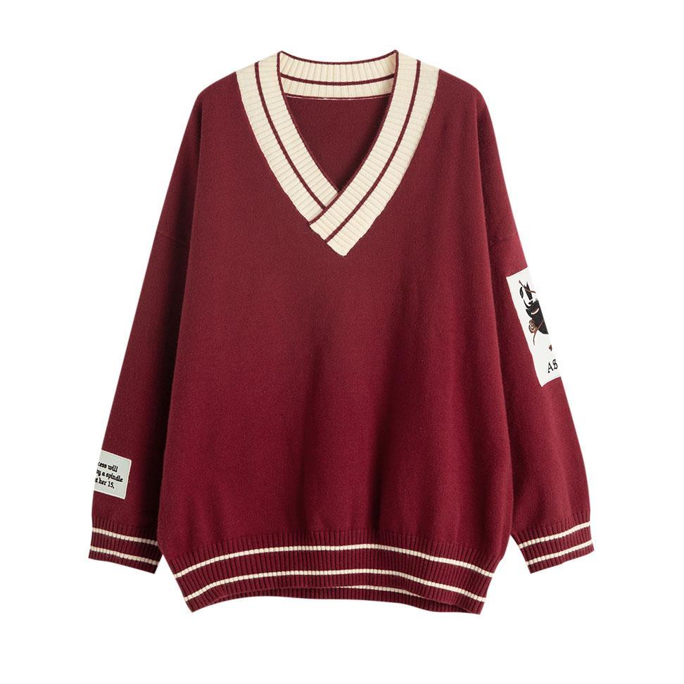 Red Loose V-Neck Sweater SD00369