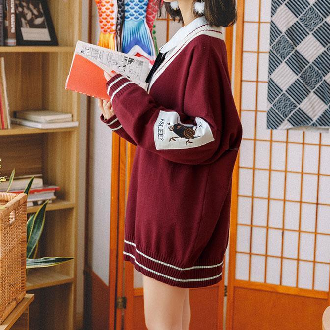 Red Loose V-Neck Sweater SD00369