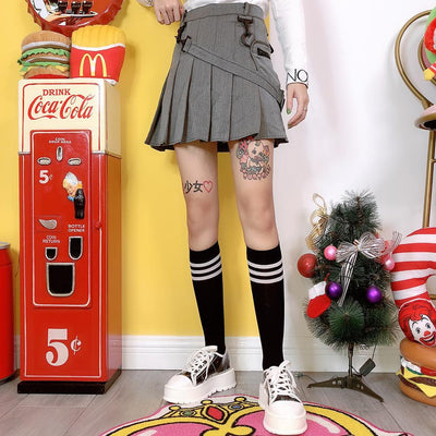 Grey Plaid Pocked Strap Skirt SD00459