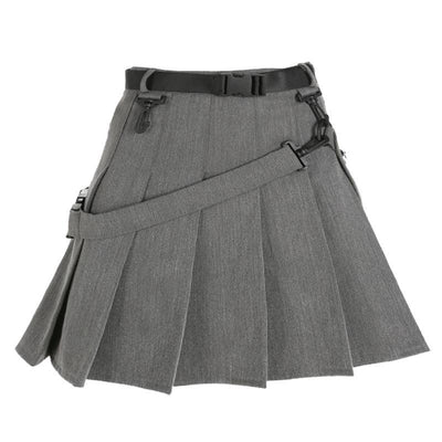 Grey Plaid Pocked Strap Skirt SD00459