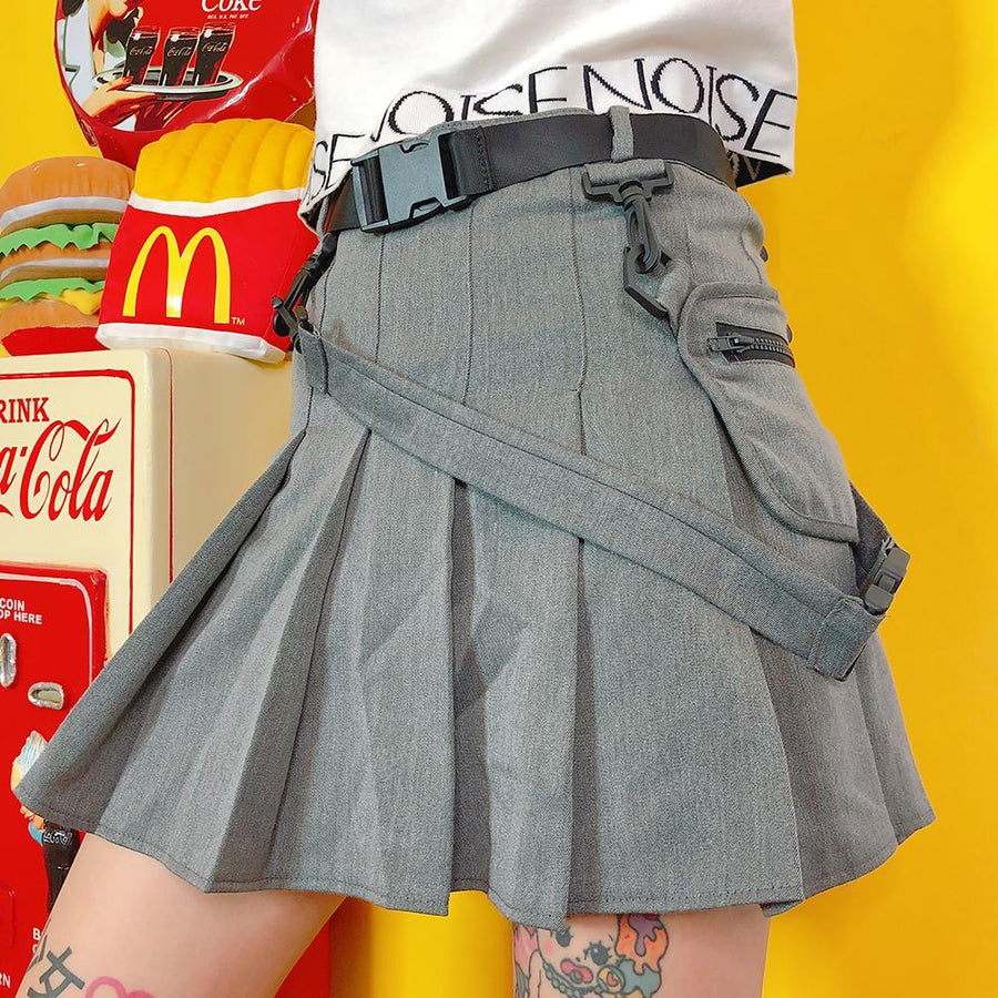 Grey Plaid Pocked Strap Skirt SD00459