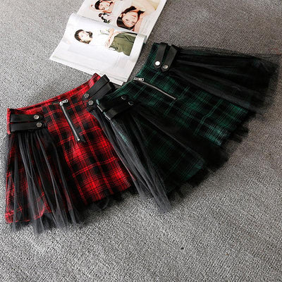 Strap Mesh Plaid Zipper Skirt SD00206