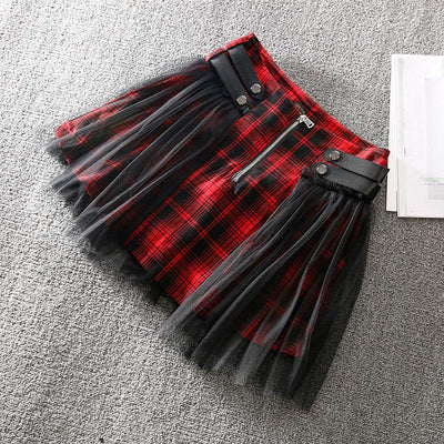 Strap Mesh Plaid Zipper Skirt SD00206