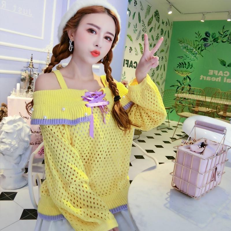 Yellow Knitted Woolen Pearl Shoulder-less Sweater SD00267