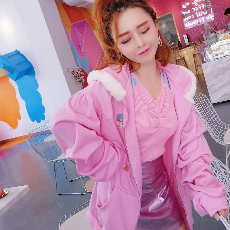 Pink Loose Bunny Ears Hoodie Sweater SD00390