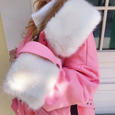 White Fur Sleeve Collar Pink Coat SD00467