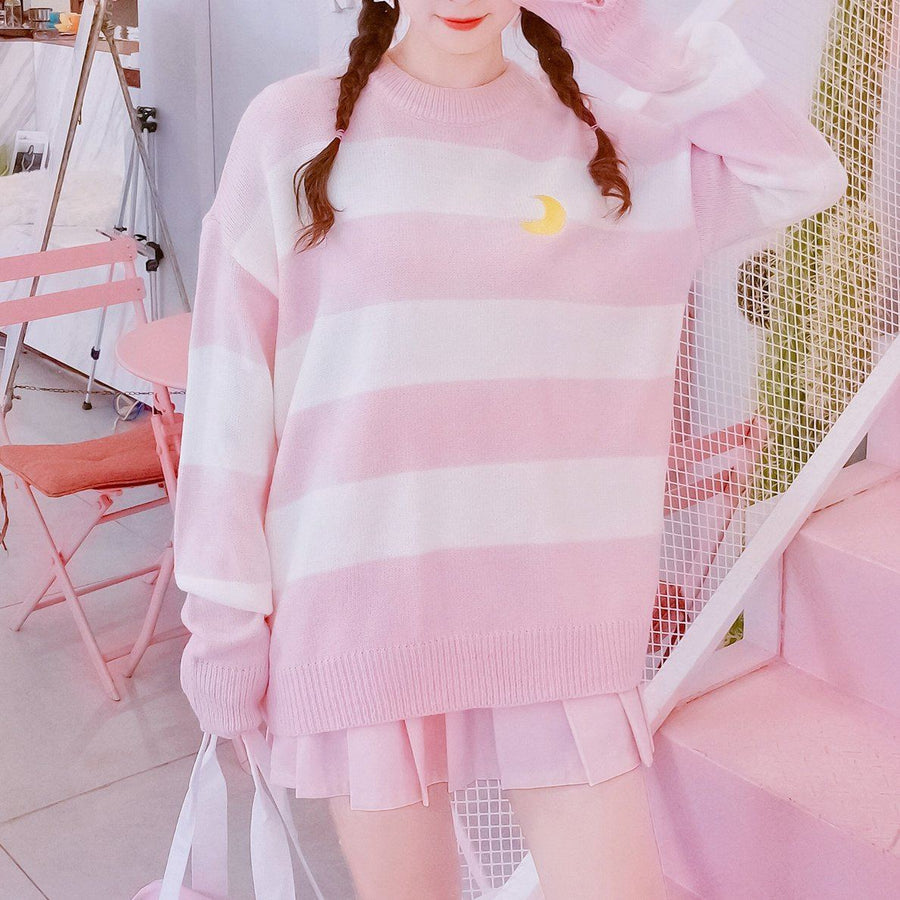 Pink&White Striped Moon Embroidered Sweater SD00425