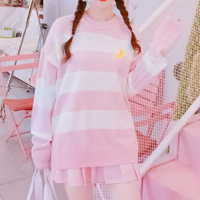 Pink&White Striped Moon Embroidered Sweater SD00425