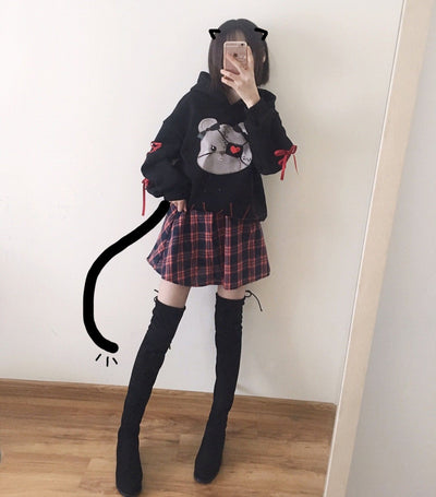 Eye Patch Bear Ribbon Sleeves Hoodie Sweater SD00298