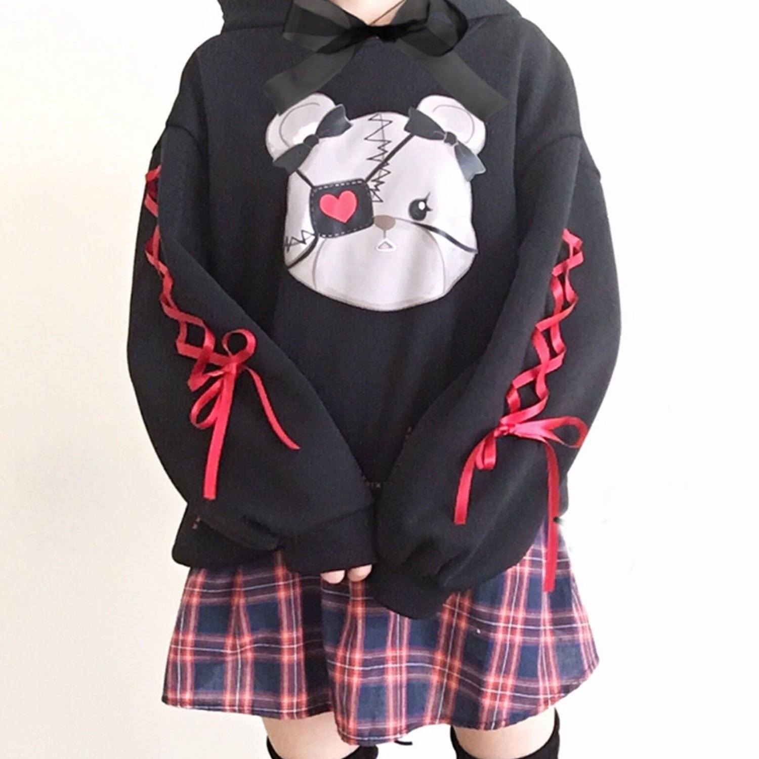 Eye Patch Bear Ribbon Sleeves Hoodie Sweater SD00298