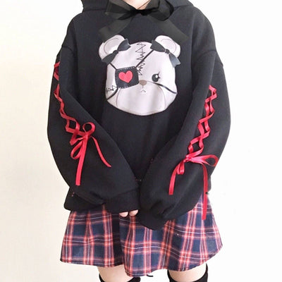 Eye Patch Bear Ribbon Sleeves Hoodie Sweater SD00298
