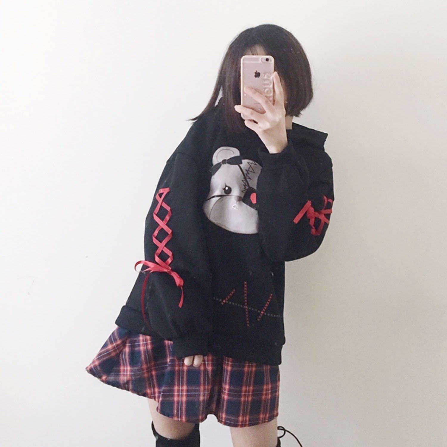 Eye Patch Bear Ribbon Sleeves Hoodie Sweater SD00298