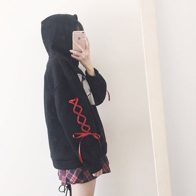 Eye Patch Bear Ribbon Sleeves Hoodie Sweater SD00298