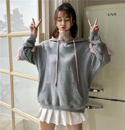 Grey Open Sleeve Fur Hoodie Sweater SD00292